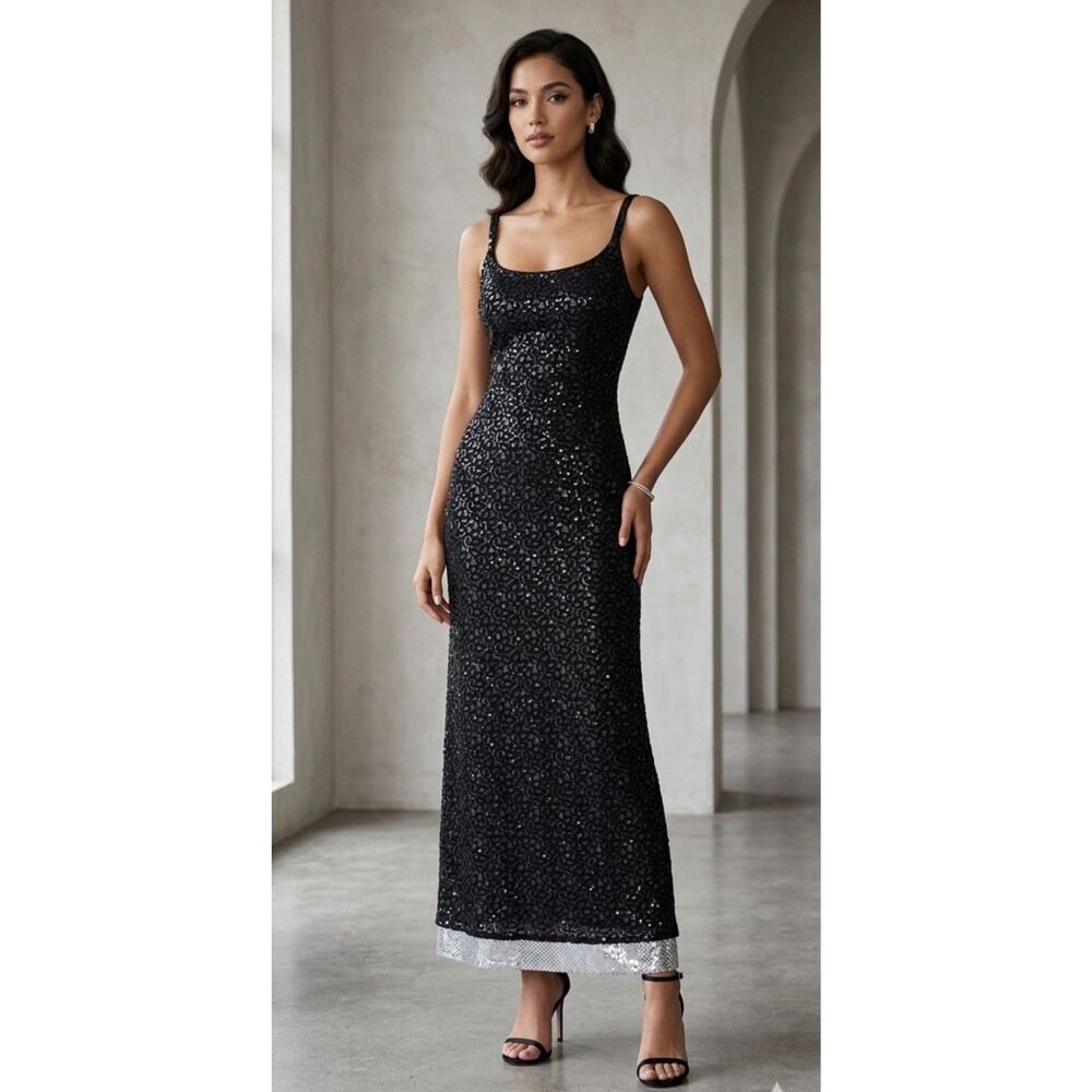 Vintage Jessica McClintock Gunne Sax Dress XS Black Lace Silver Sequin Prom